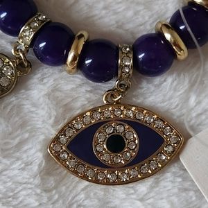 Hamsa Khamsa Fatima Eye Stretch Bling Charm Bracelet Purple Gold NWT